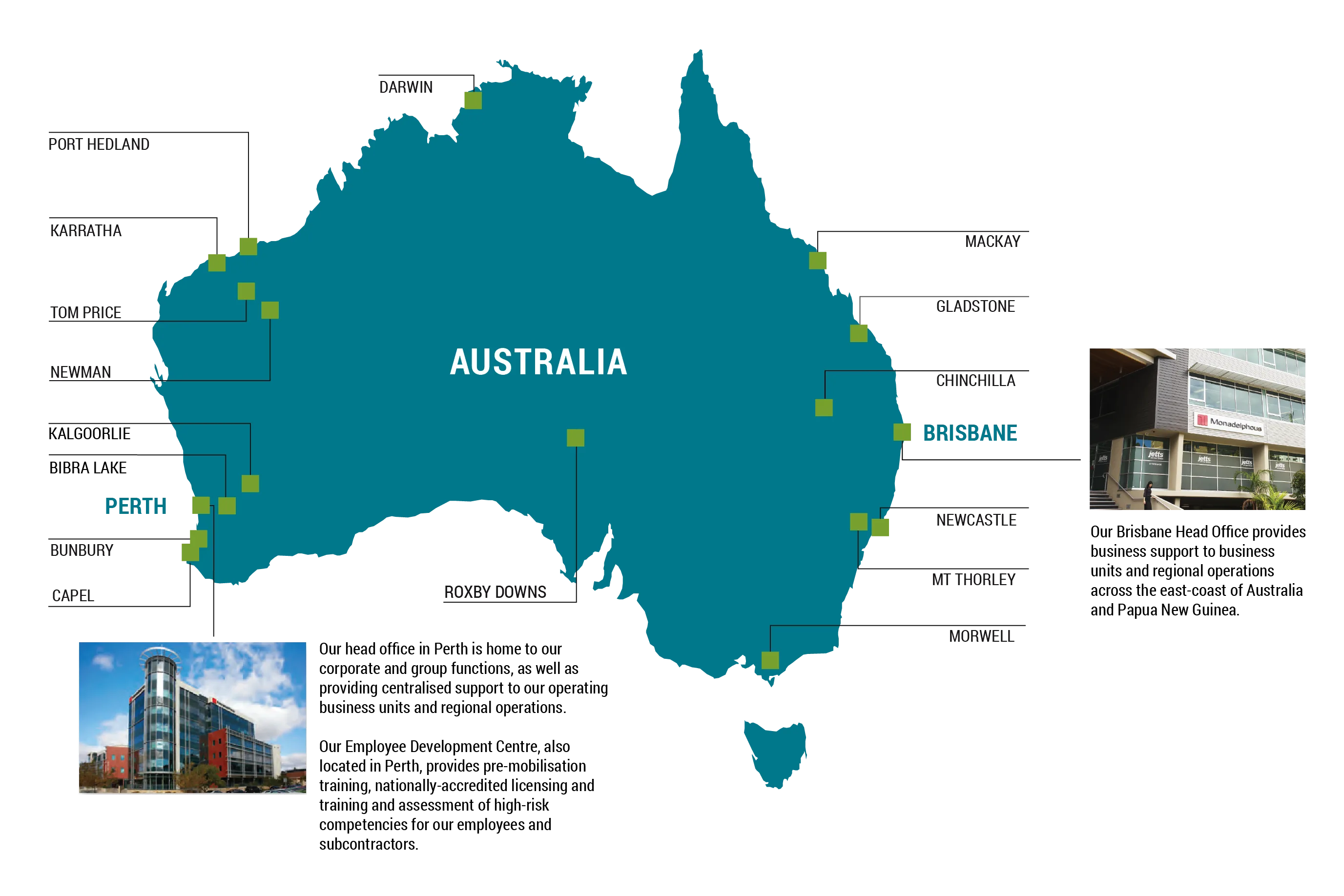 Map of BMC and Monadelphous operating locations across Australia